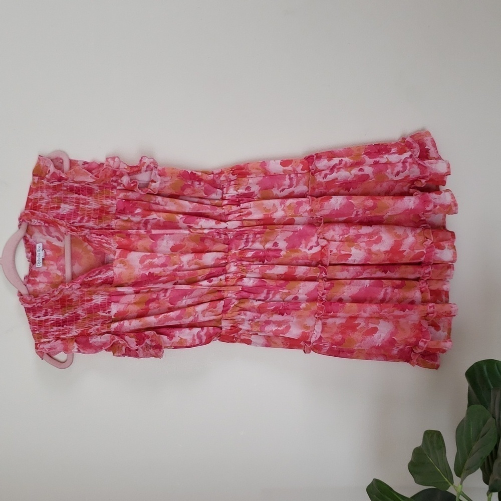 Ophelia Roe pink floral summer mini dress, modest chest, flirty,  women sz large